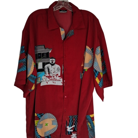 J/E/T Other - Men's Red Short-Sleeve Button-Down Shirt with Asian Motif